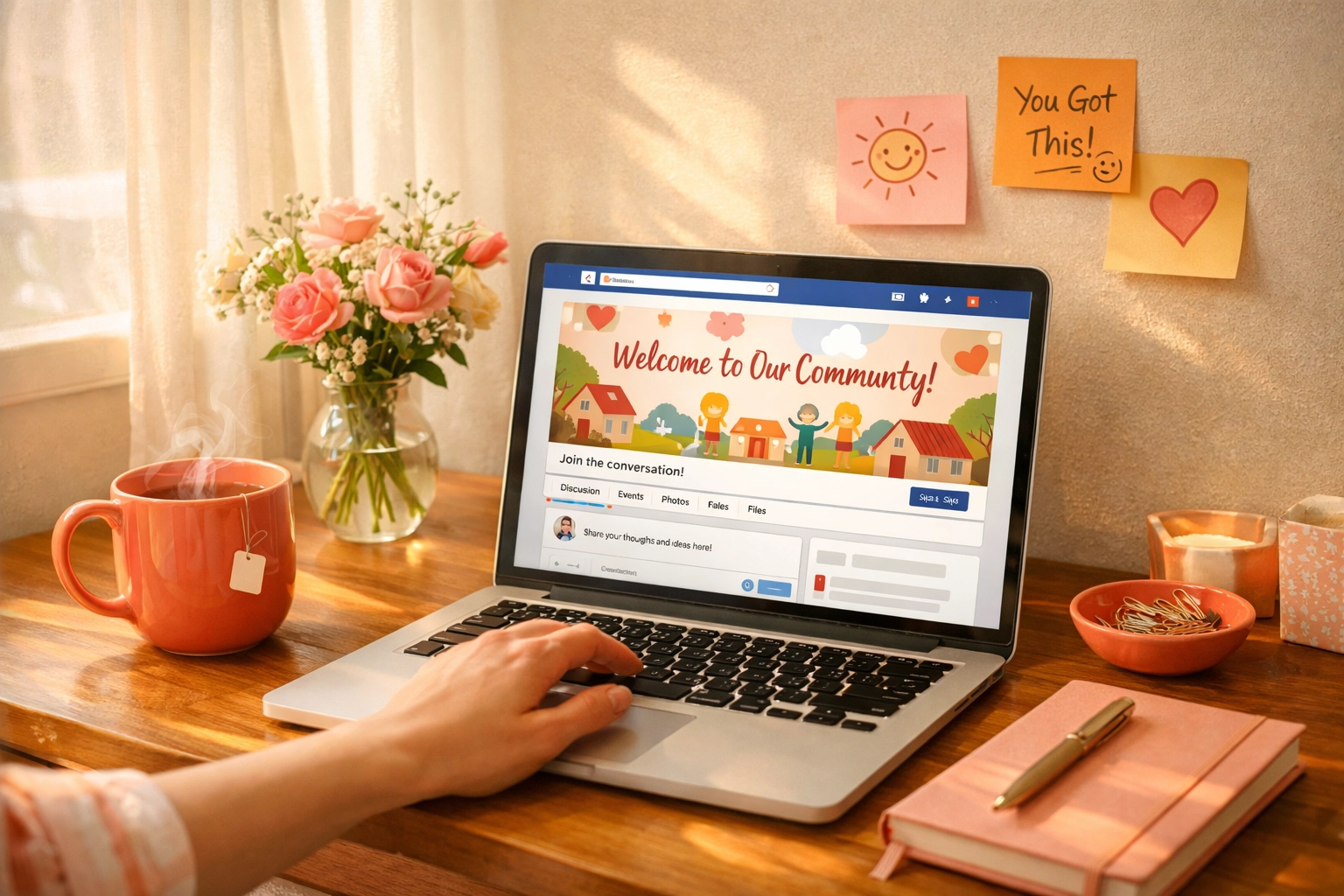 Social media manager's workspace with laptop open to Facebook group management page