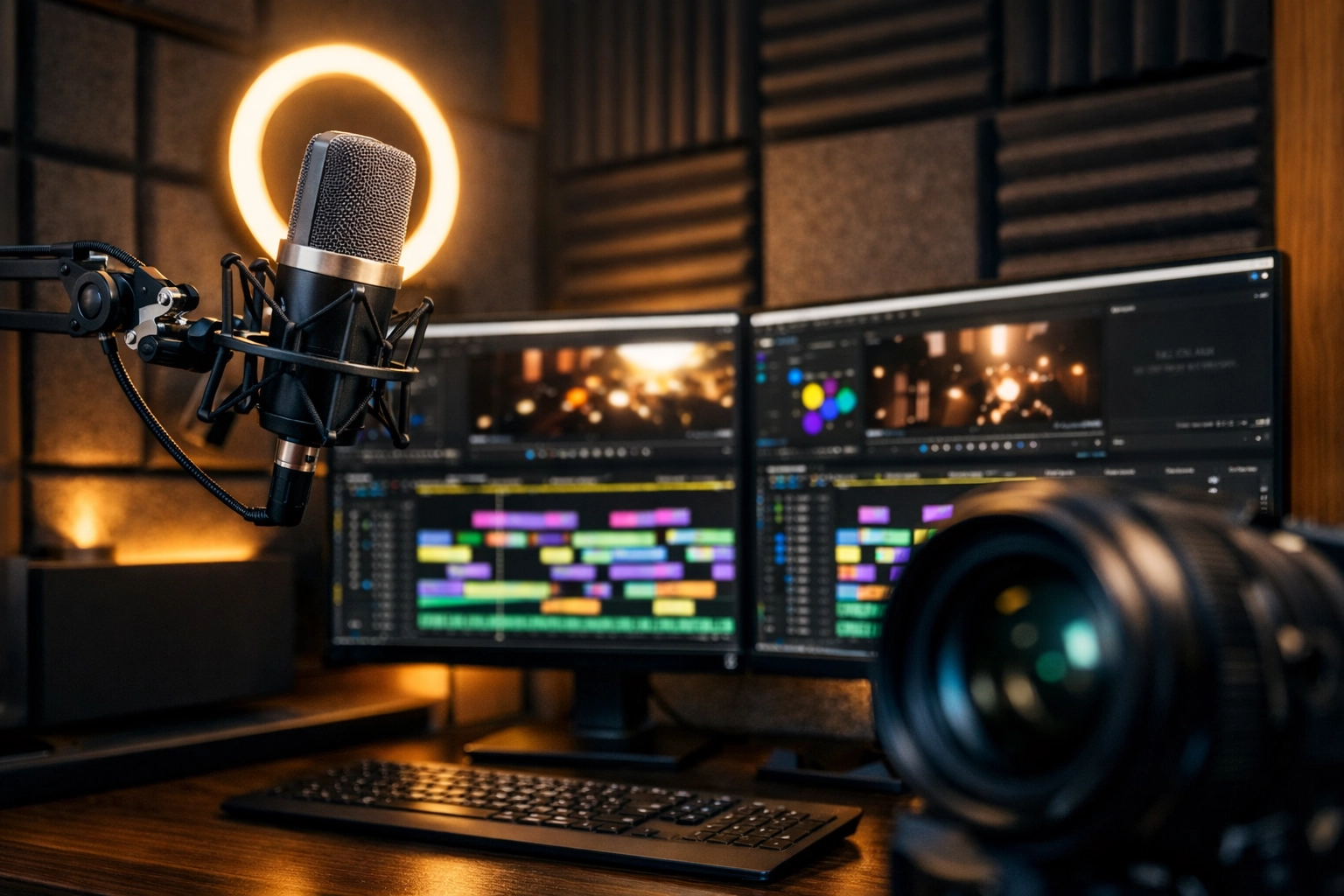 Professional content creation pod equipped with video editing software and high-quality recording equipment.