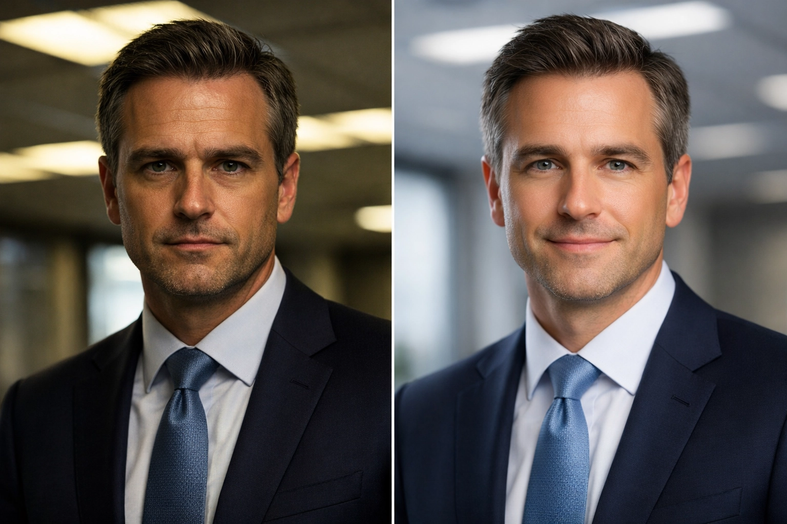 Comparison showing the best lighting for executive portraits versus harsh office overhead lights.