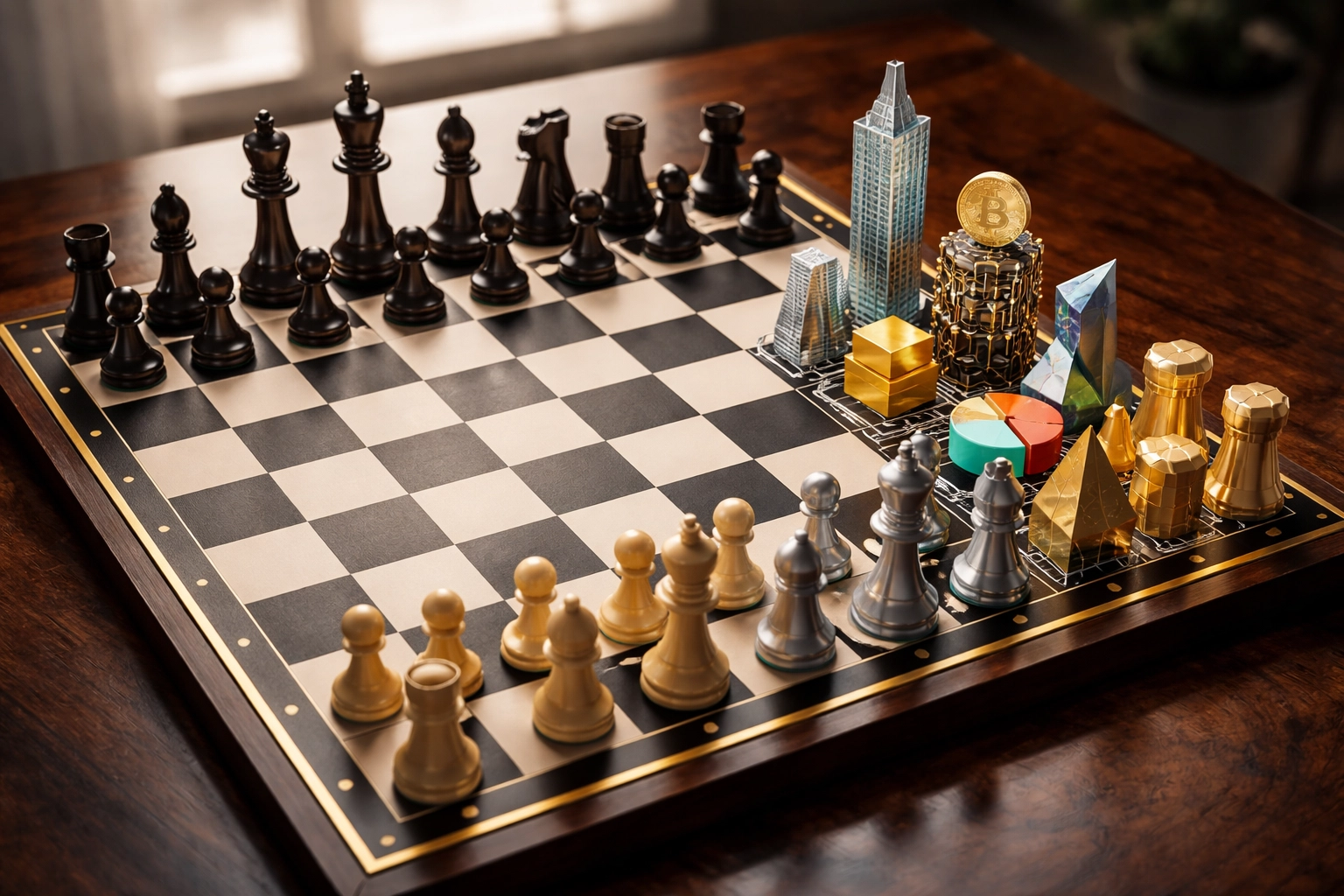 A chess board transitioning from classic pieces to modern assets, symbolizing strategic portfolio evolution
