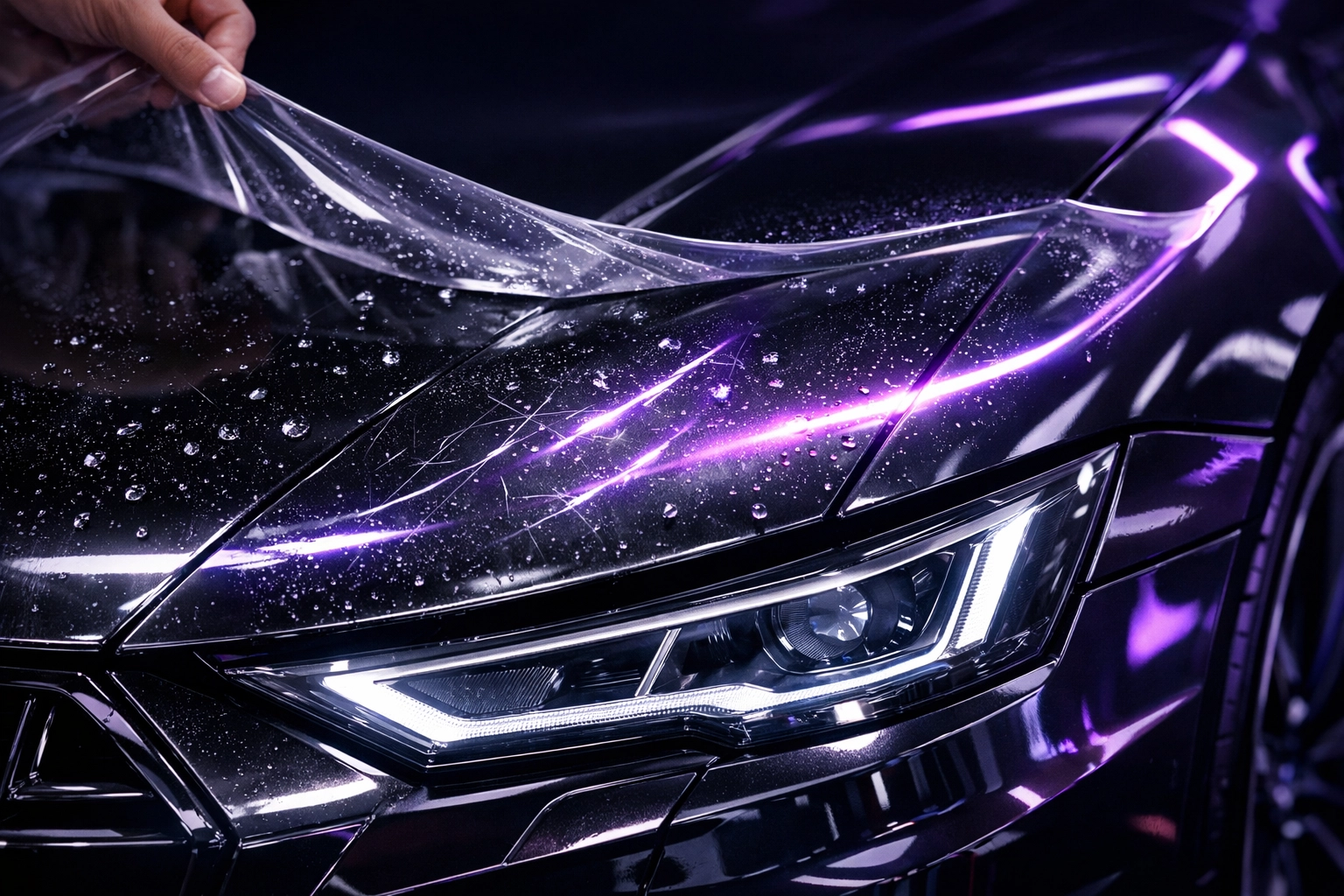 Clear bra paint protection film being applied to car hood and bumper