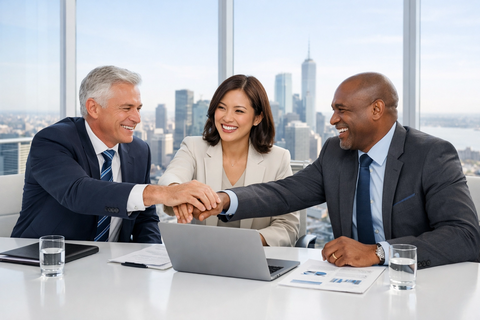 Corporate executives in a modern boardroom collaborating on strategic Q1 goals and deal closing.