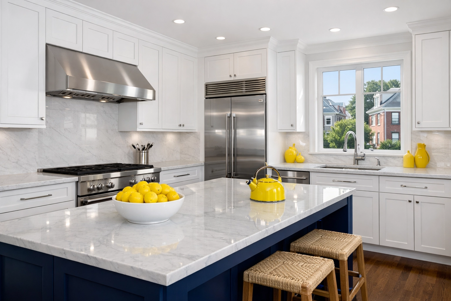 Spotless Cambridge kitchen reset with professional deep cleaning services featuring white cabinets and marble.