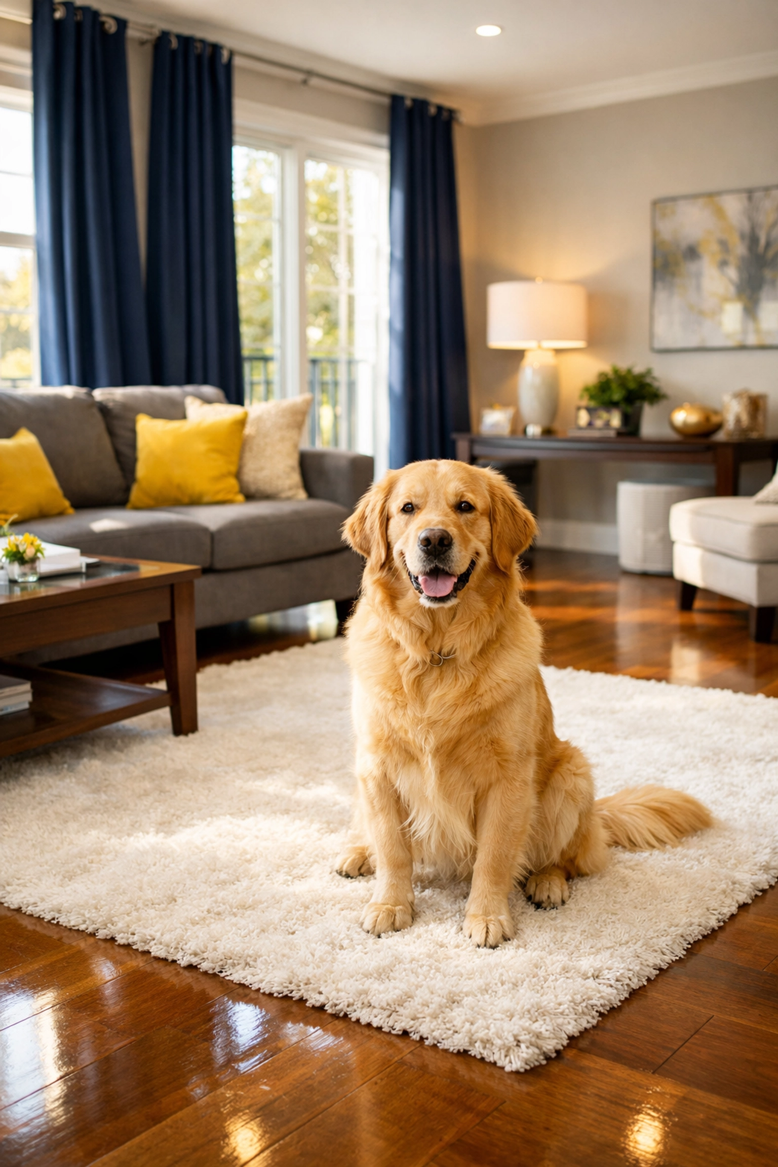 Spotless living room in a Leominster apartment with a happy dog, perfect for residential cleaning services.