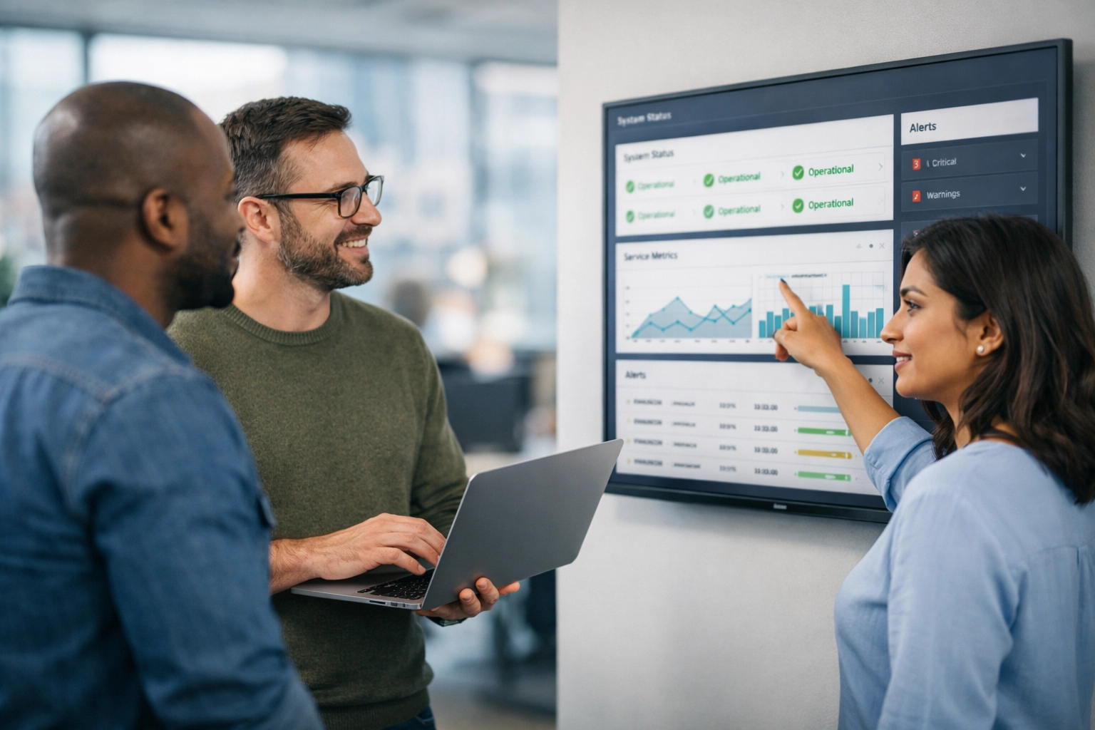IT specialists collaborating on ServiceNow and SolarWinds integration to optimize enterprise monitoring.