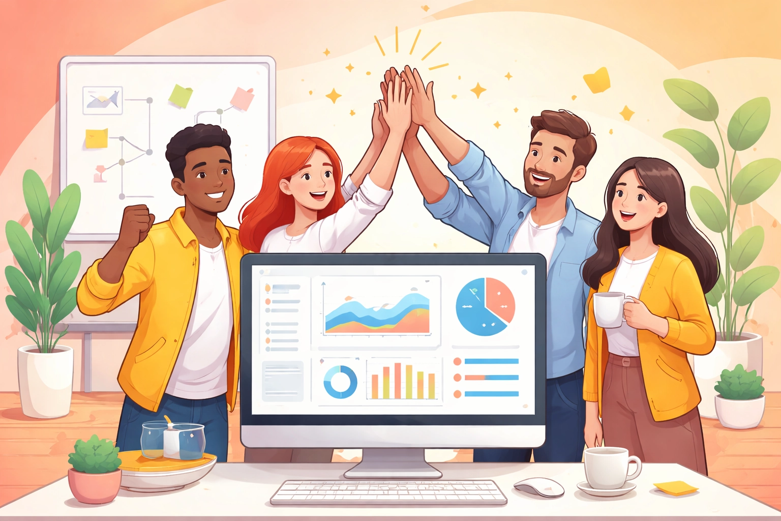 Small business team celebrating growth and efficiency in front of a unified business dashboard for HR, CRM, and projects.