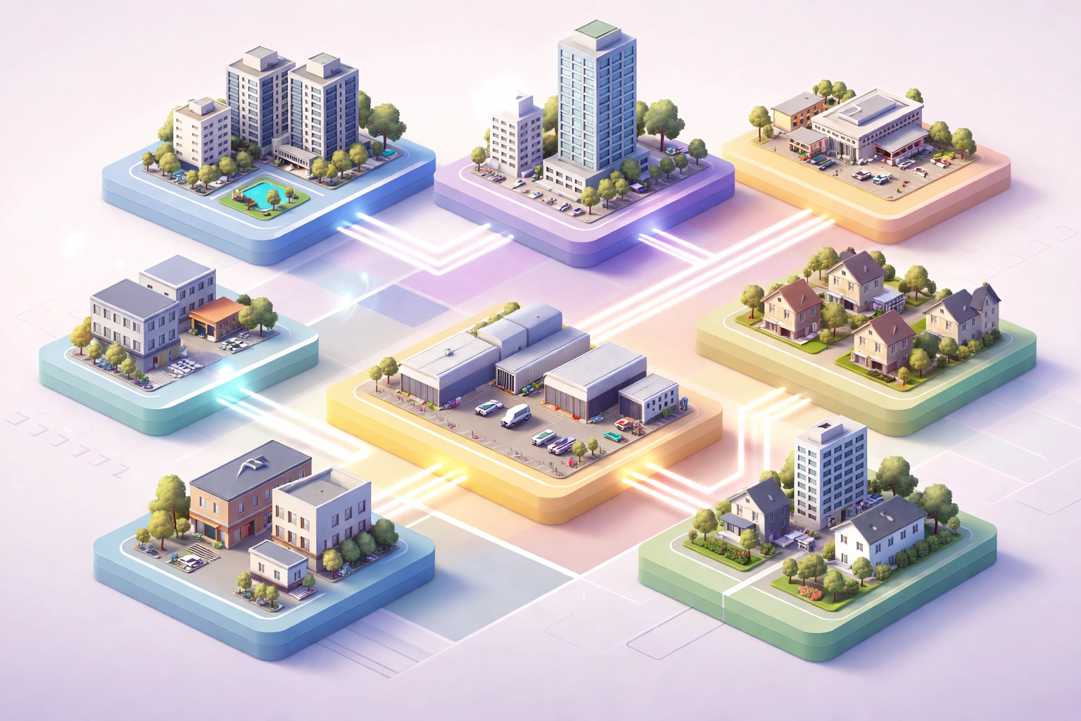 Isometric floating platforms with diverse properties, showcasing vintage year and asset diversification strategies.