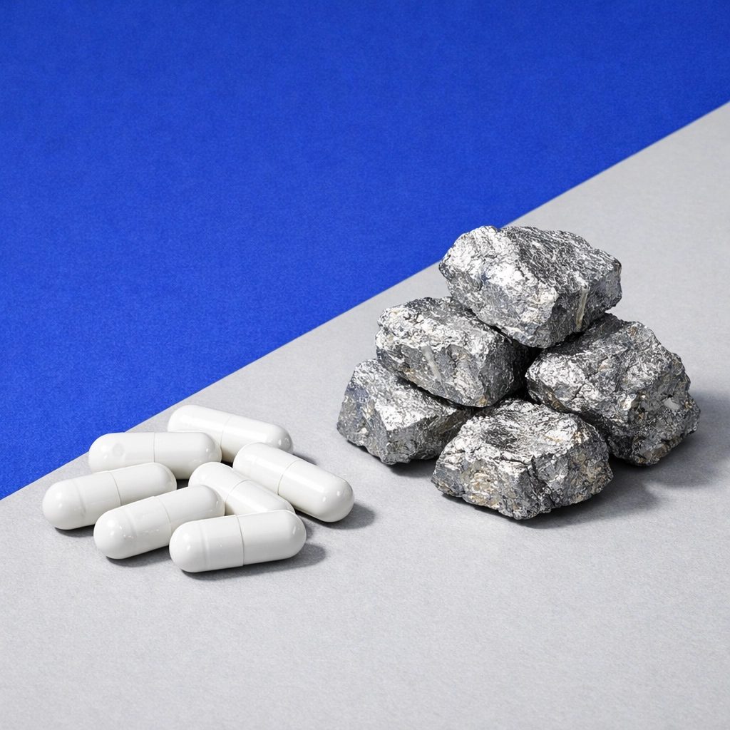 White magnesium capsules and raw mineral stones for supporting sleep and brain health.