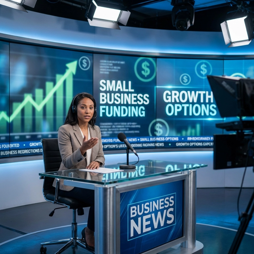 Diverse news anchor presenting small business funding updates in a professional broadcast studio