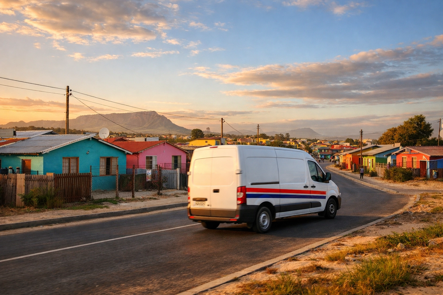 Courier van delivering goods to a vibrant South African residential community