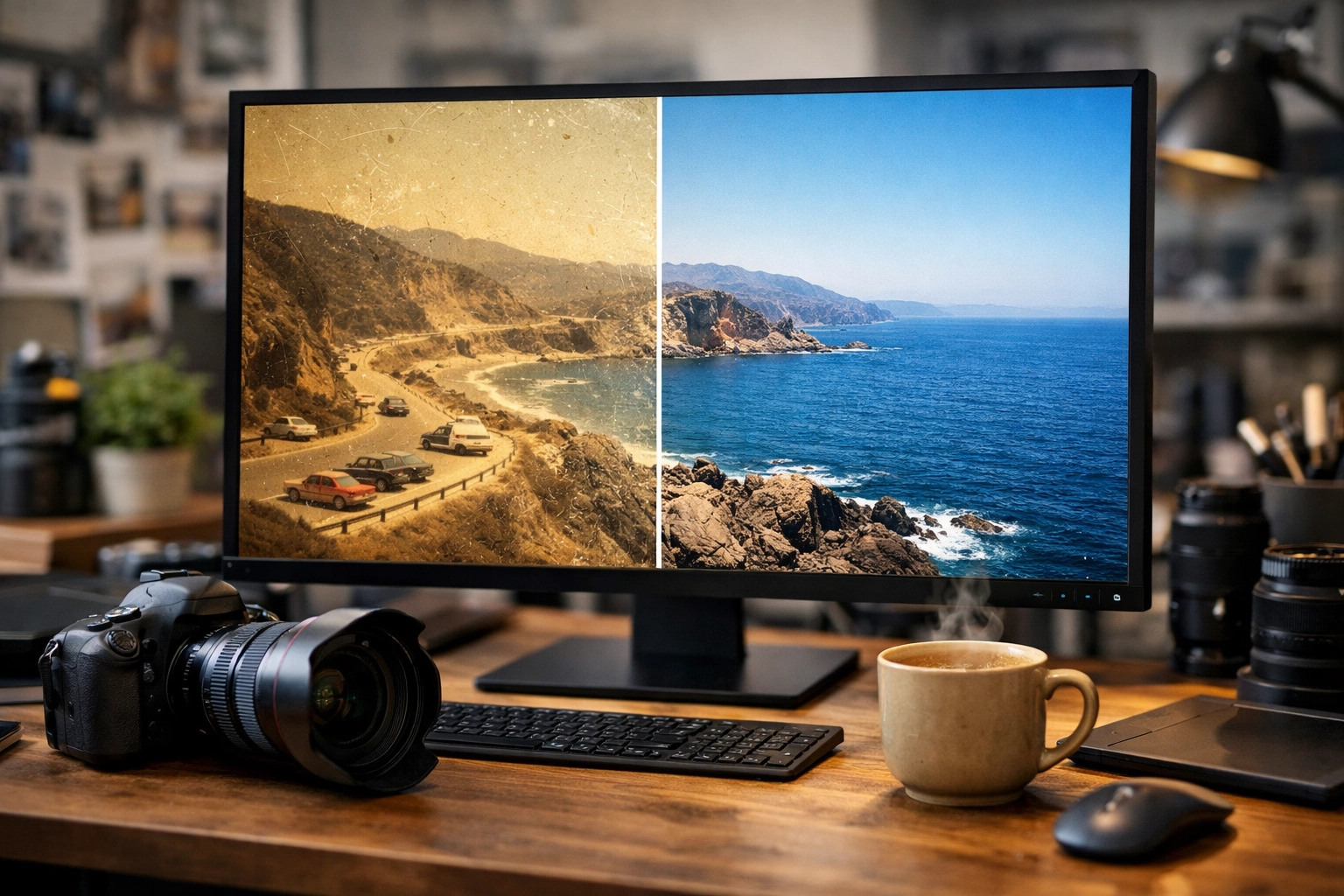 Professional photo restoration of a 1950s landscape removing scratches and yellowing on a monitor.