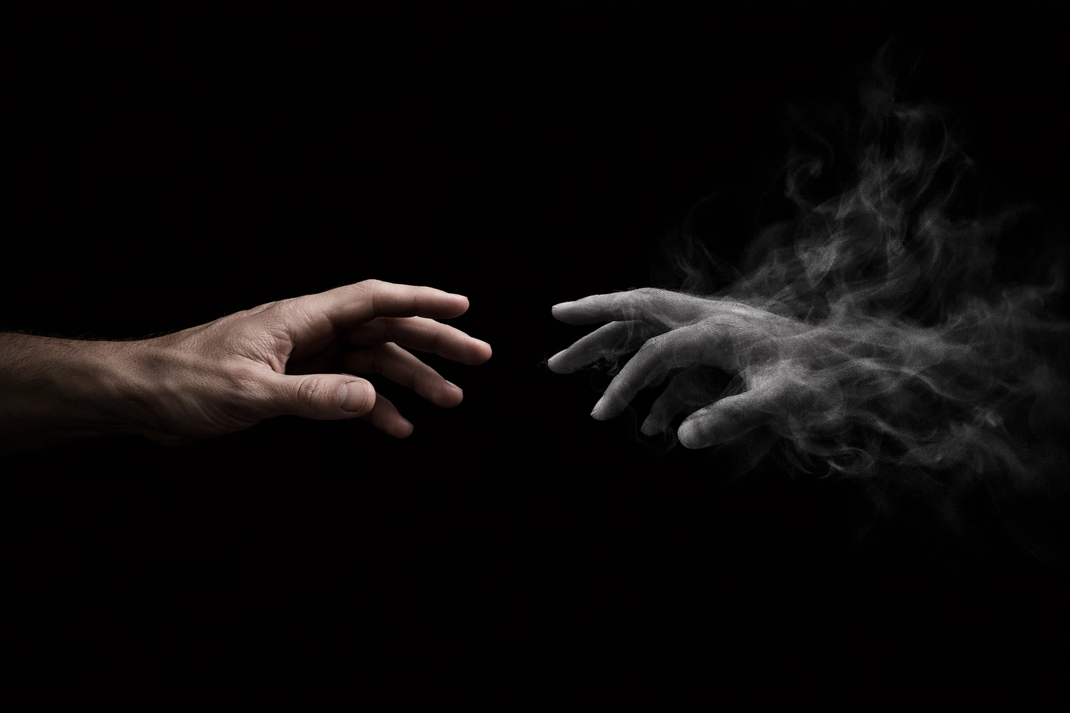 Symbolic image of male hands pulling apart as one fades to smoke, representing the tragic loss of love in MM fiction.