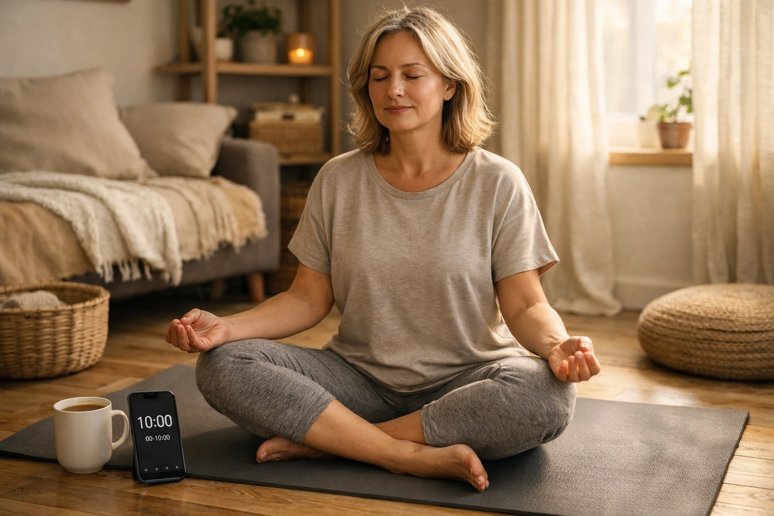 Midlife woman doing a 10-minute micro-yoga session at home with a timer