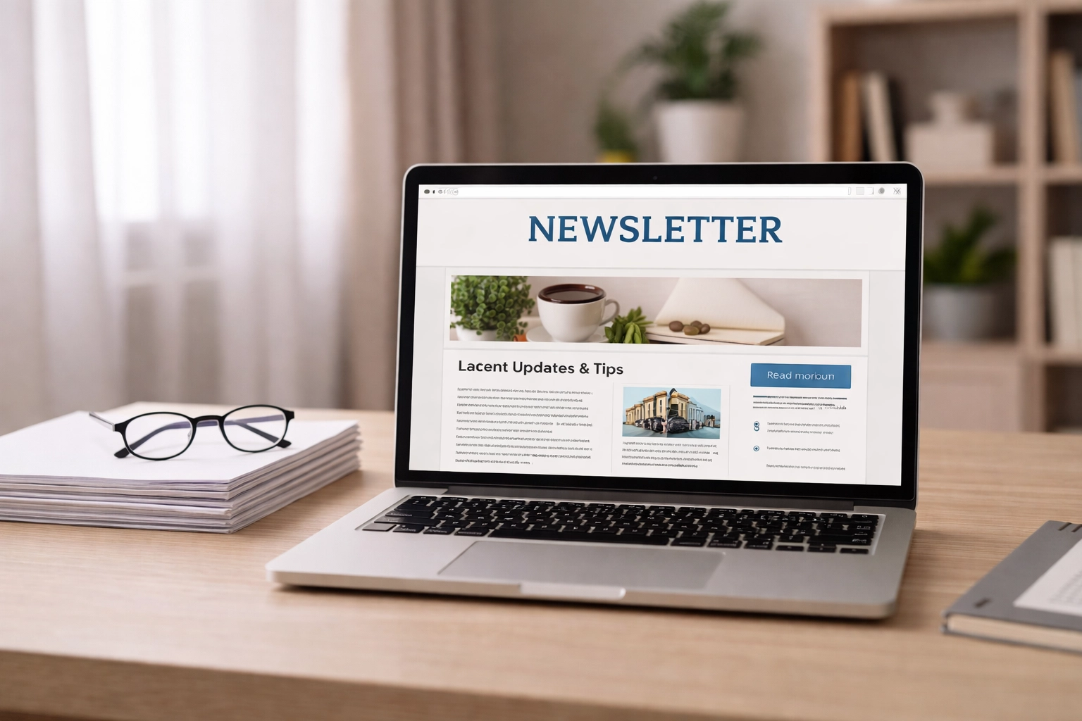 Laptop displaying email newsletter in home office, highlighting ongoing content creation for customer engagement