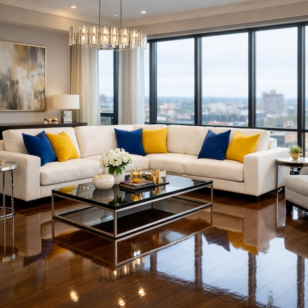 Immaculate Worcester living room with glossy floors after a professional House Cleaning Worcester MA service.