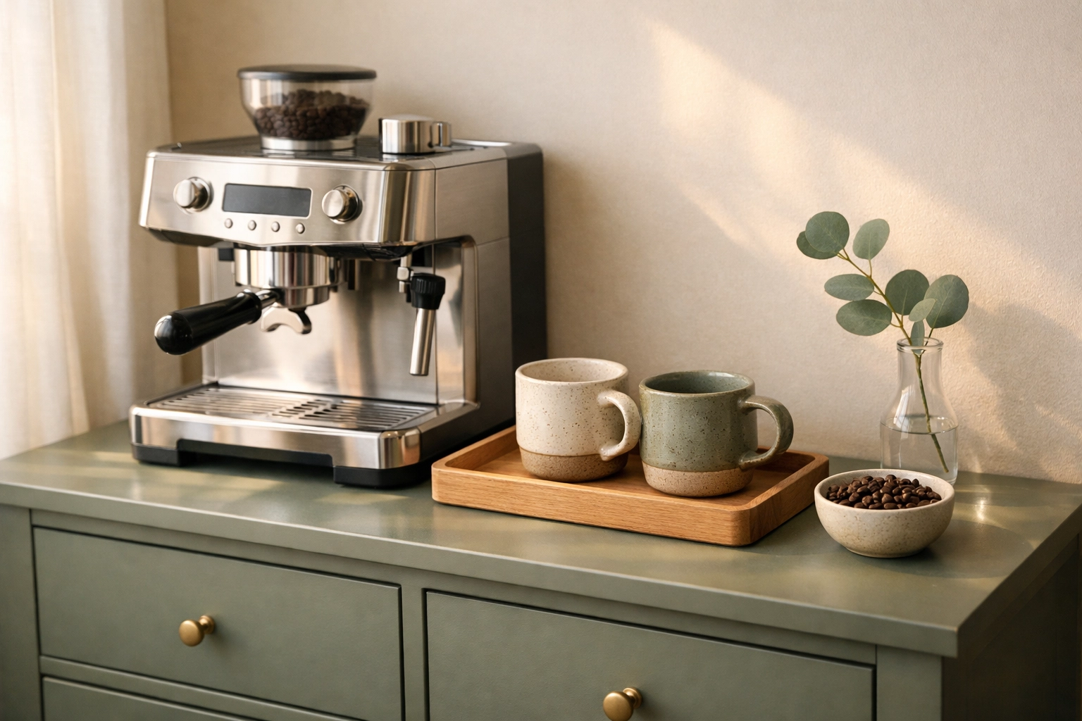 Stylish sage green buffet used as a custom coffee bar station in a modern interior design project.