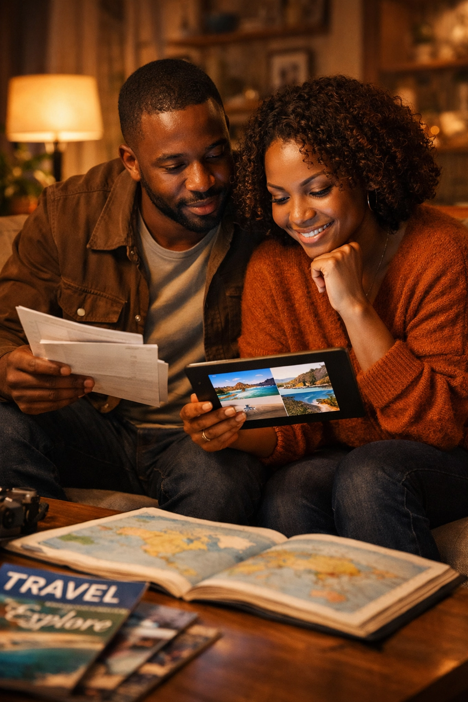Couple reviewing vacation options and travel documents together on tablet at home