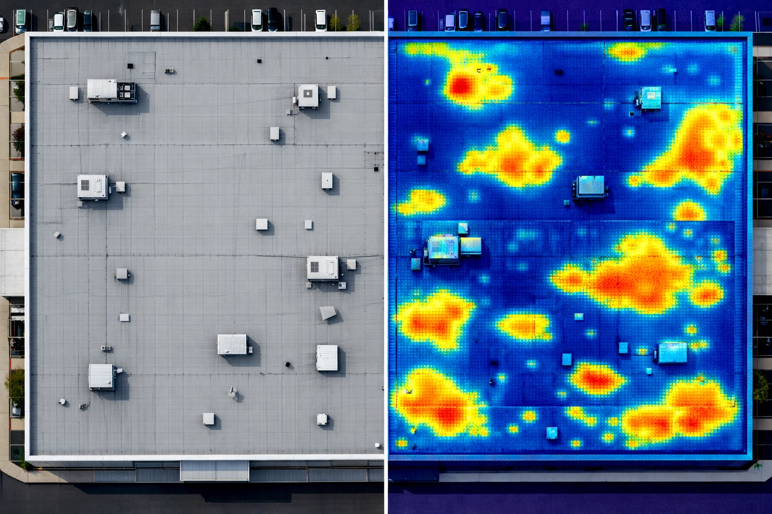 Side-by-side comparison of normal roof photo versus thermal imaging showing hidden water damage