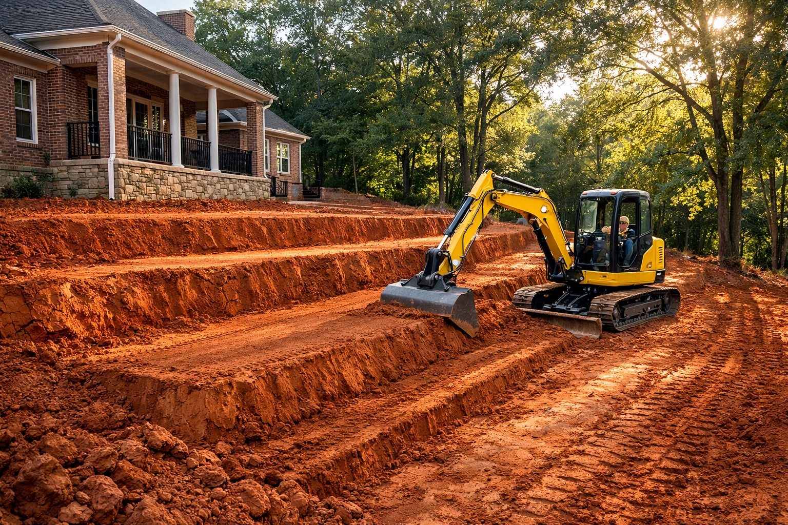 Professional excavation and site grading for a residential landscaping project in Chattanooga, TN.