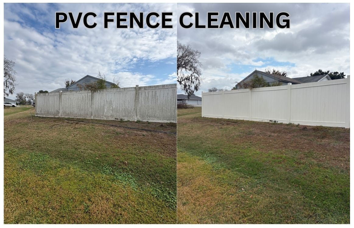 Side-by-side comparison of a PVC fence before and after professional cleaning Side-by-side comparison of a PVC fence before and after professional cleaning