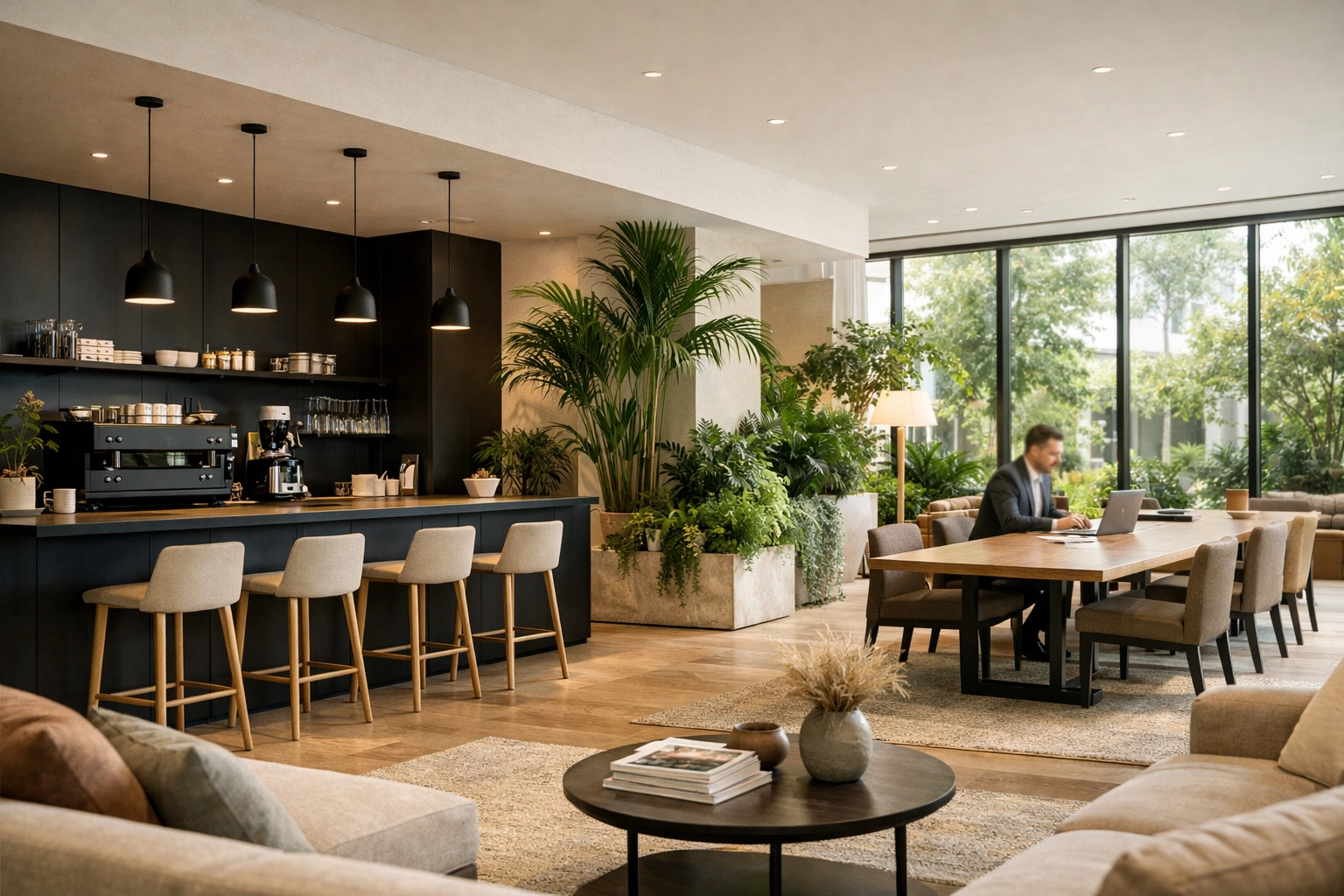 Multi-functional boutique hotel lobby with a workspace and coffee bar to optimize non-room revenue.