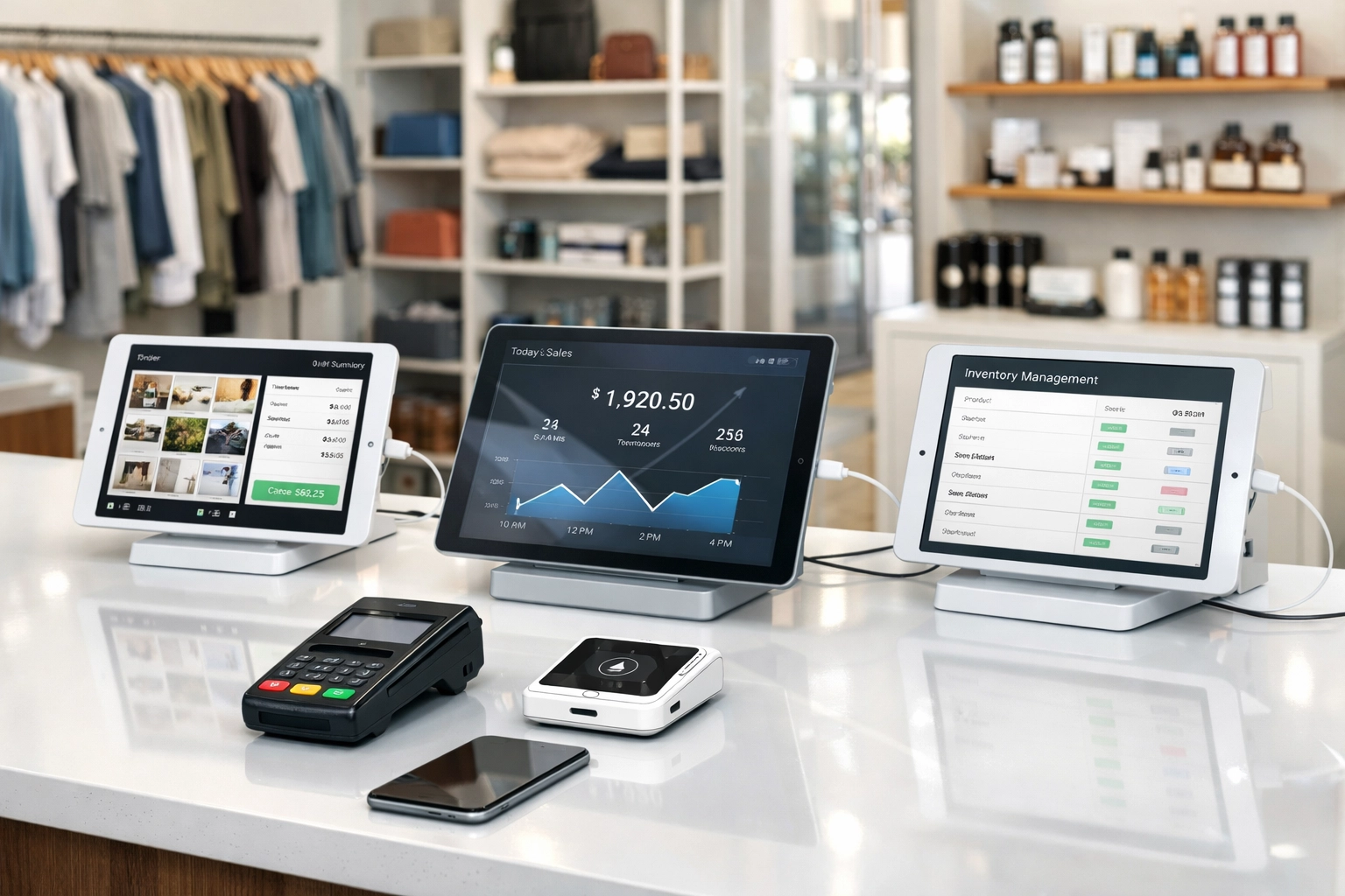 Multi-location retail store with connected EPOS terminals and inventory management system