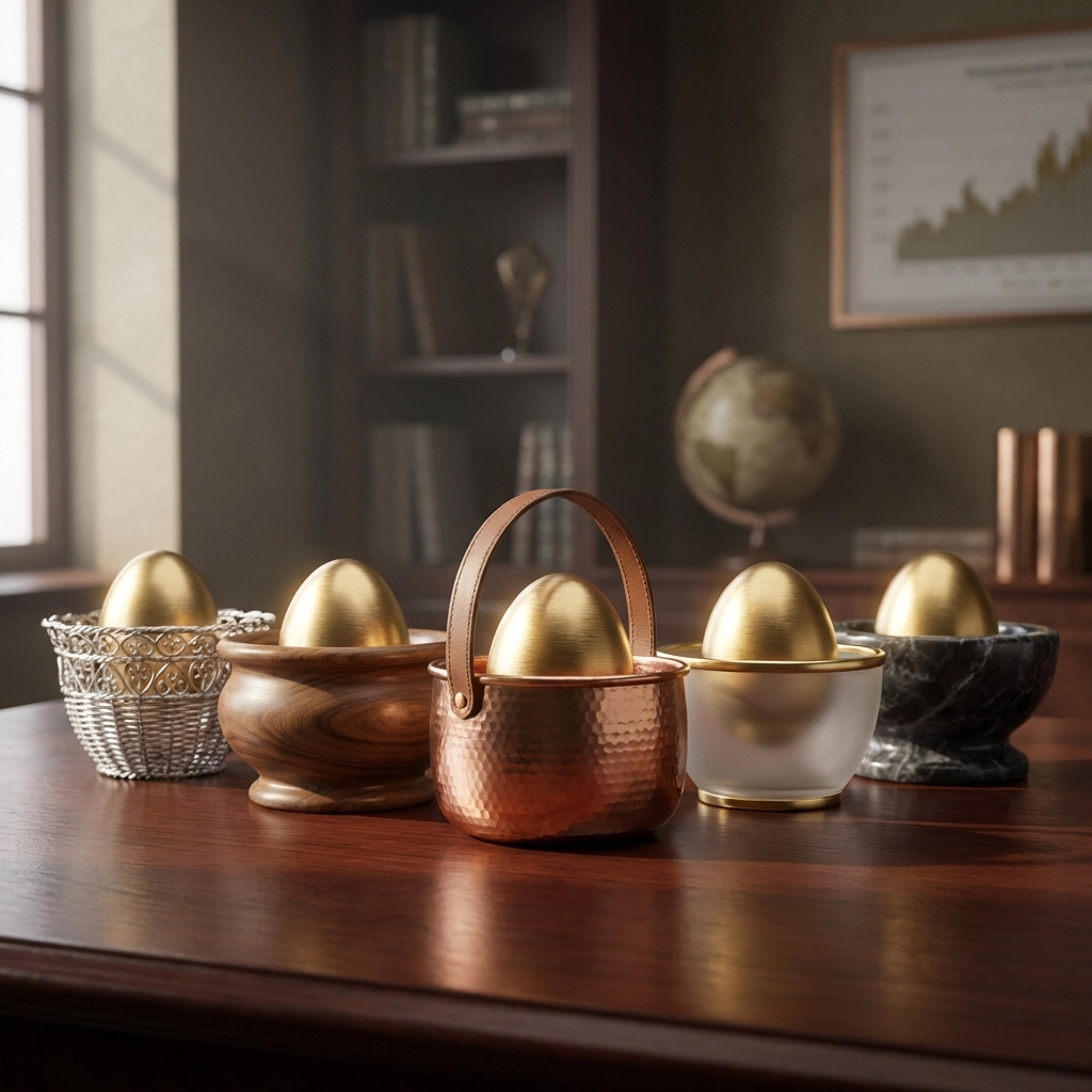 Five unique golden eggs in separate baskets on a desk, illustrating portfolio diversification strategies