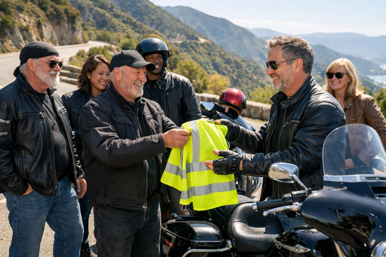 Diverse group of motorcycle riders sharing reflective safety gear during a community ride.