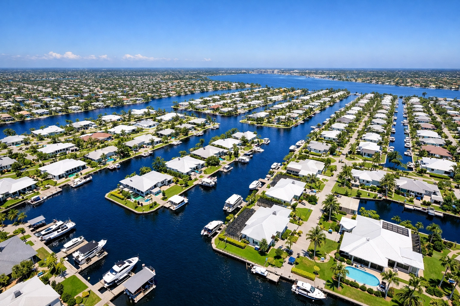 Aerial view of SWFL waterfront homes and luxury properties along the Cape Coral canals.