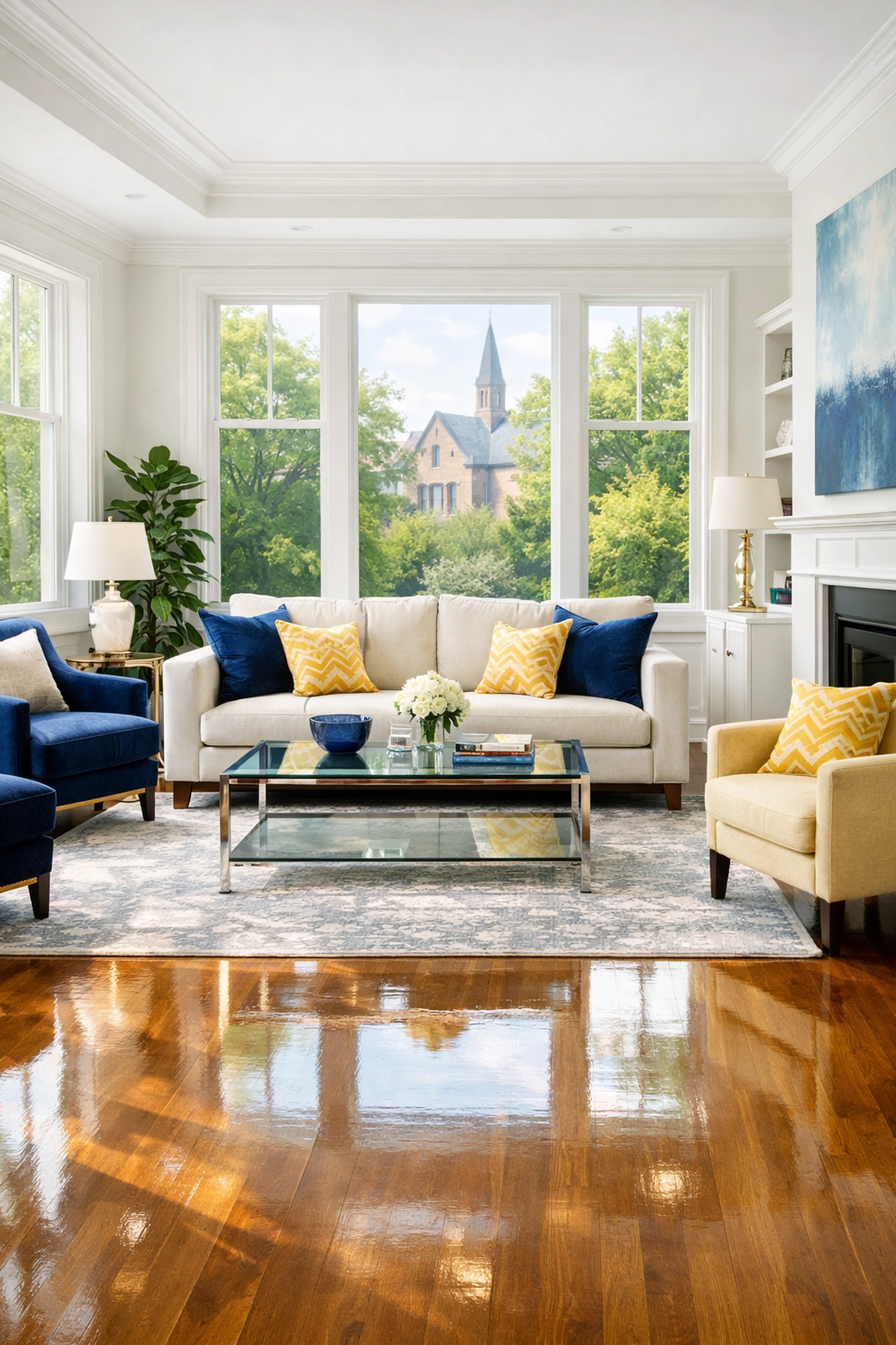Spotless luxury living room in a Harvard Square home showcasing professional house cleaning Cambridge MA results.