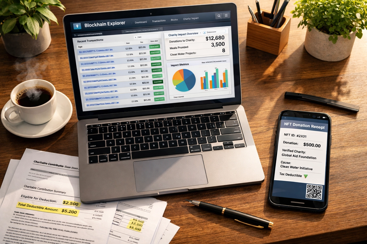 Merchant tracking Larecoin charity impact and NFT receipts through blockchain explorer