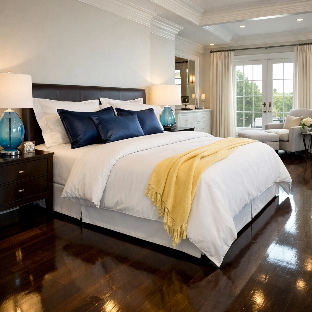 Polished hardwood floors and a tidy bedroom showing the results of residential cleaning Massachusetts maintenance.