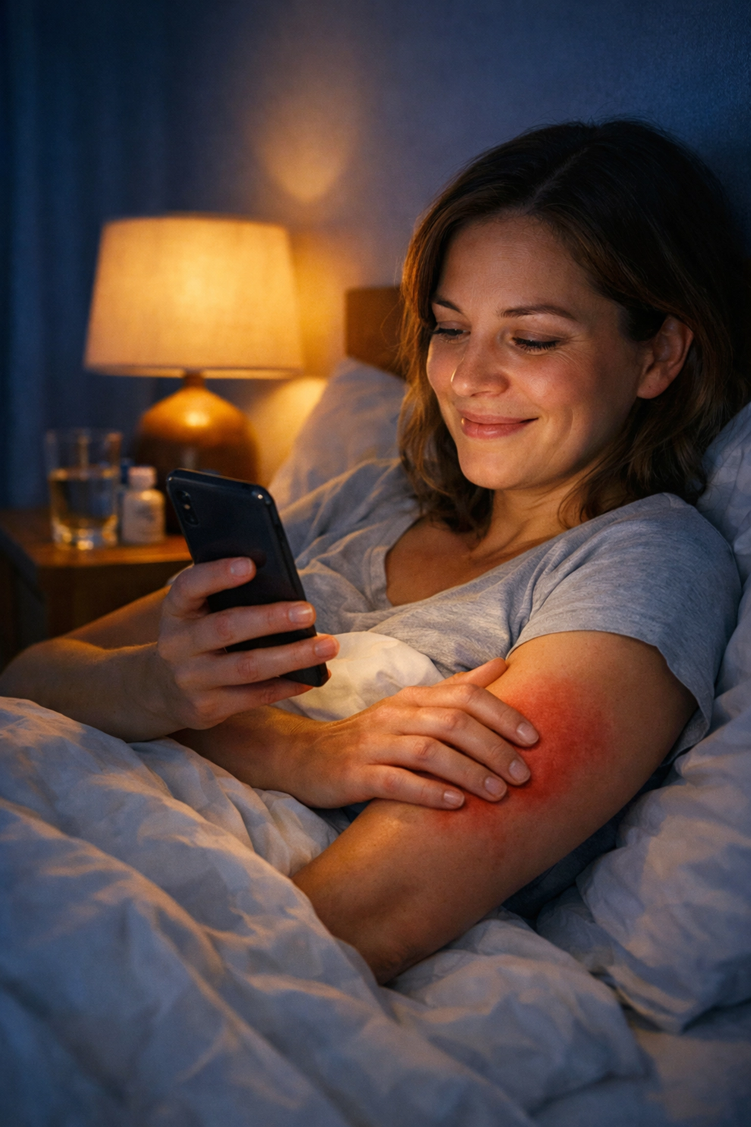 Patient using smartphone for late-night online doctor consultation about skin irritation