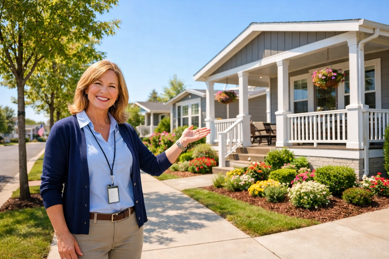 A friendly community manager showing a move-in ready manufactured home with a porch and landscaping.