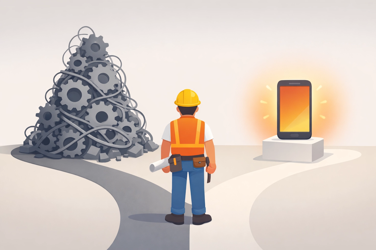Illustration of a contractor choosing simple mobile software over bloated project management tools.