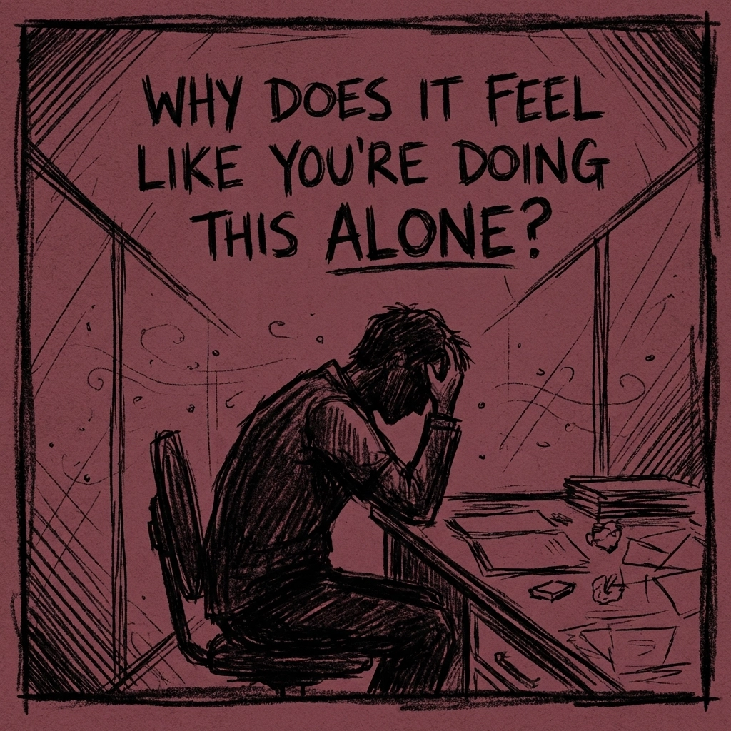 Illustration of a lonely creator at a desk, symbolizing isolation in the creative economy