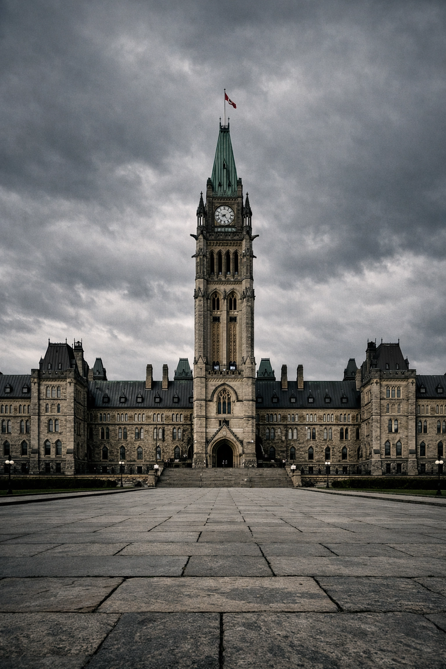 The Canadian Parliament Buildings in Ottawa during a period of trade tensions and political shift.