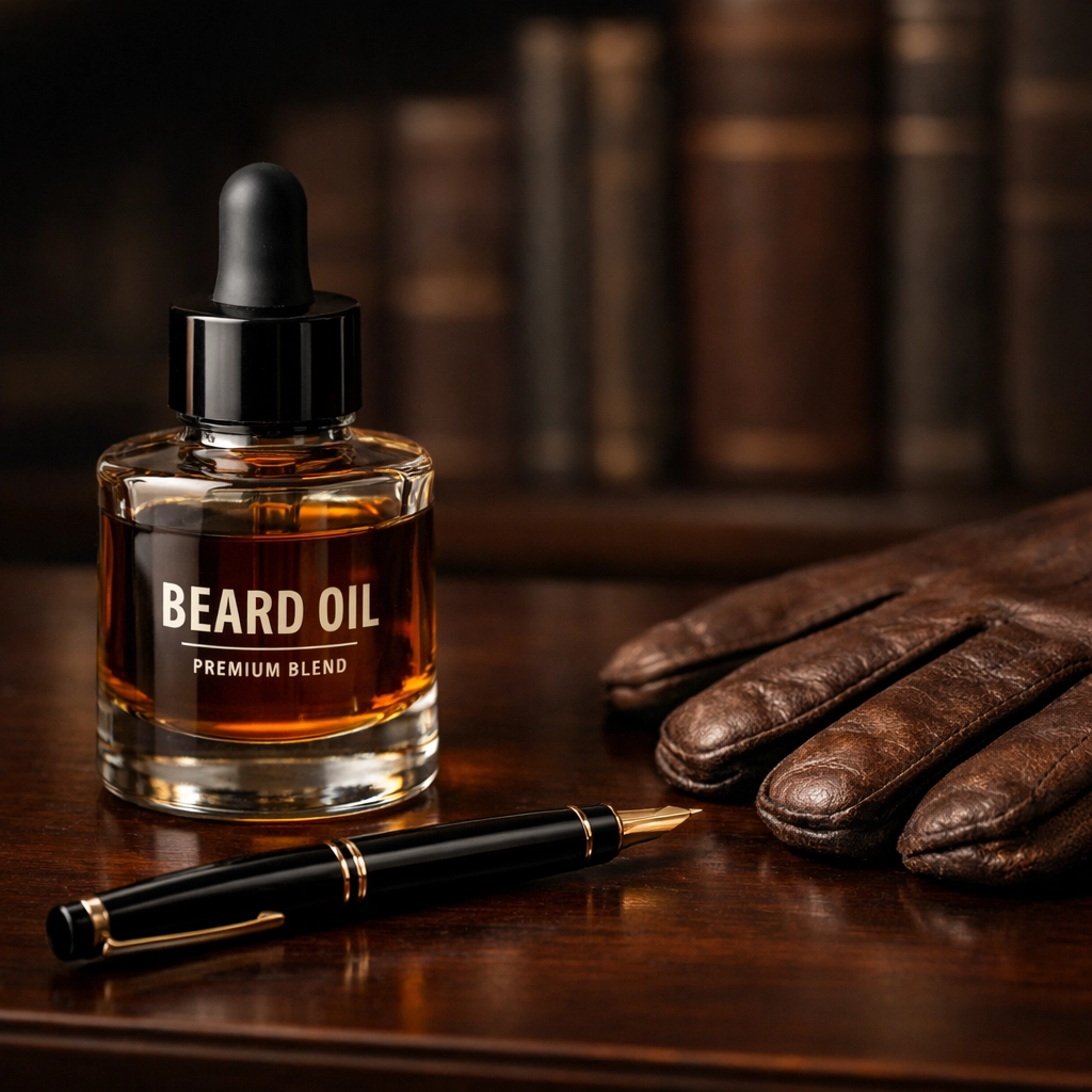 Sophisticated beard oil bottle on a mahogany desk highlighting professional masculine grooming standards.