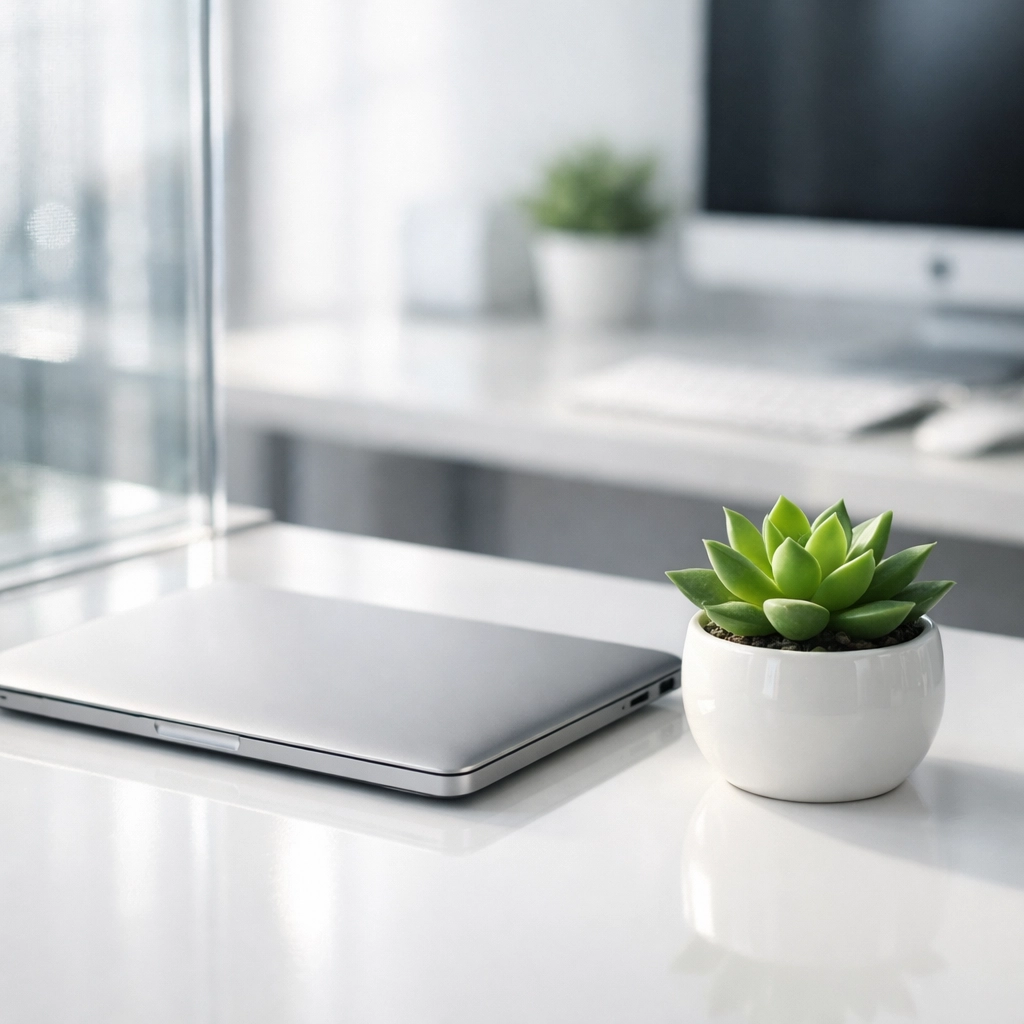 A spotless minimalist office workstation displaying the professional clean signal in a modern workspace.