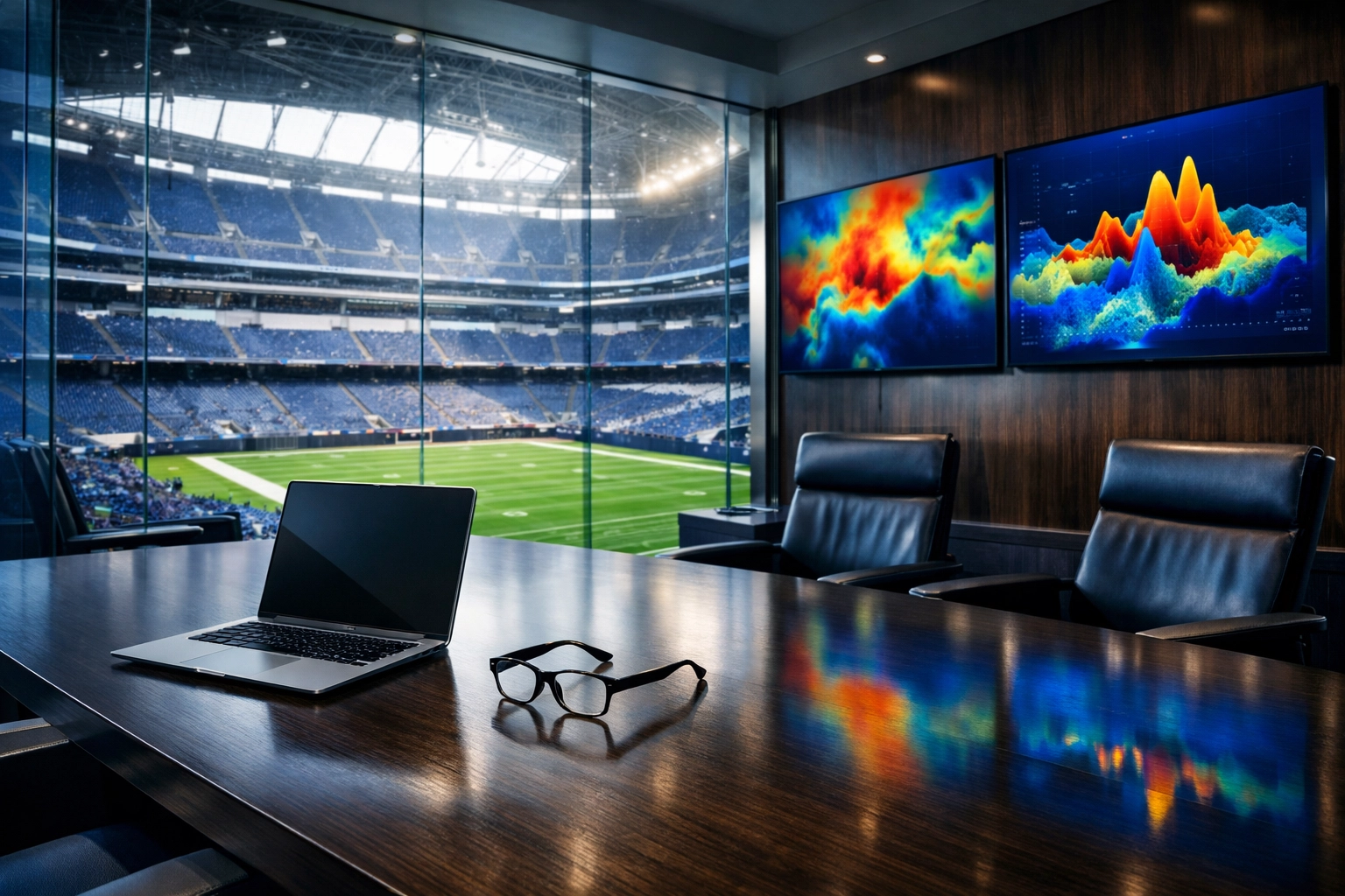 Corporate strategy boardroom overlooking a stadium for Super Bowl marketing and branding planning.