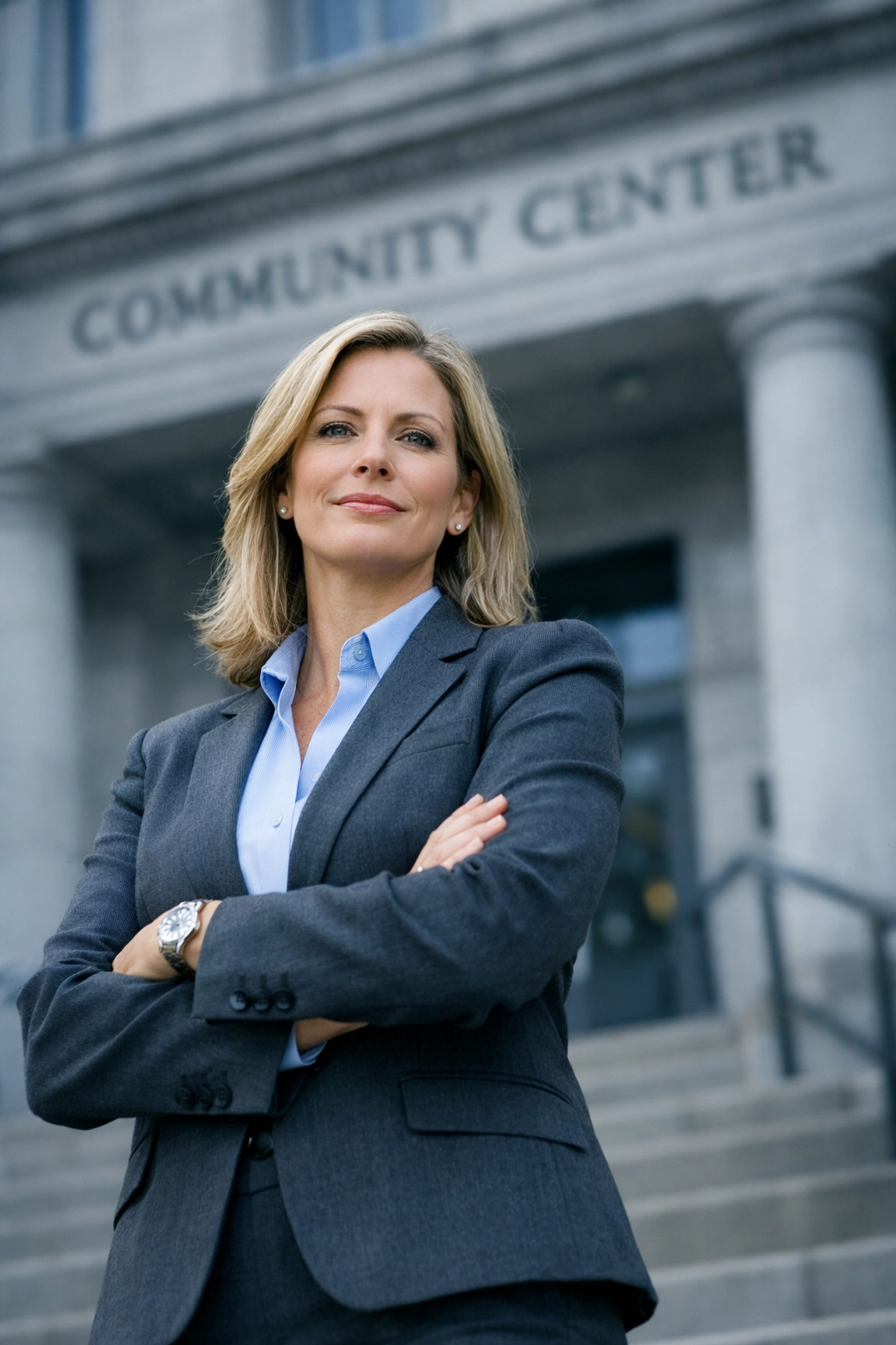 Family law attorney standing outside local courthouse representing community presence