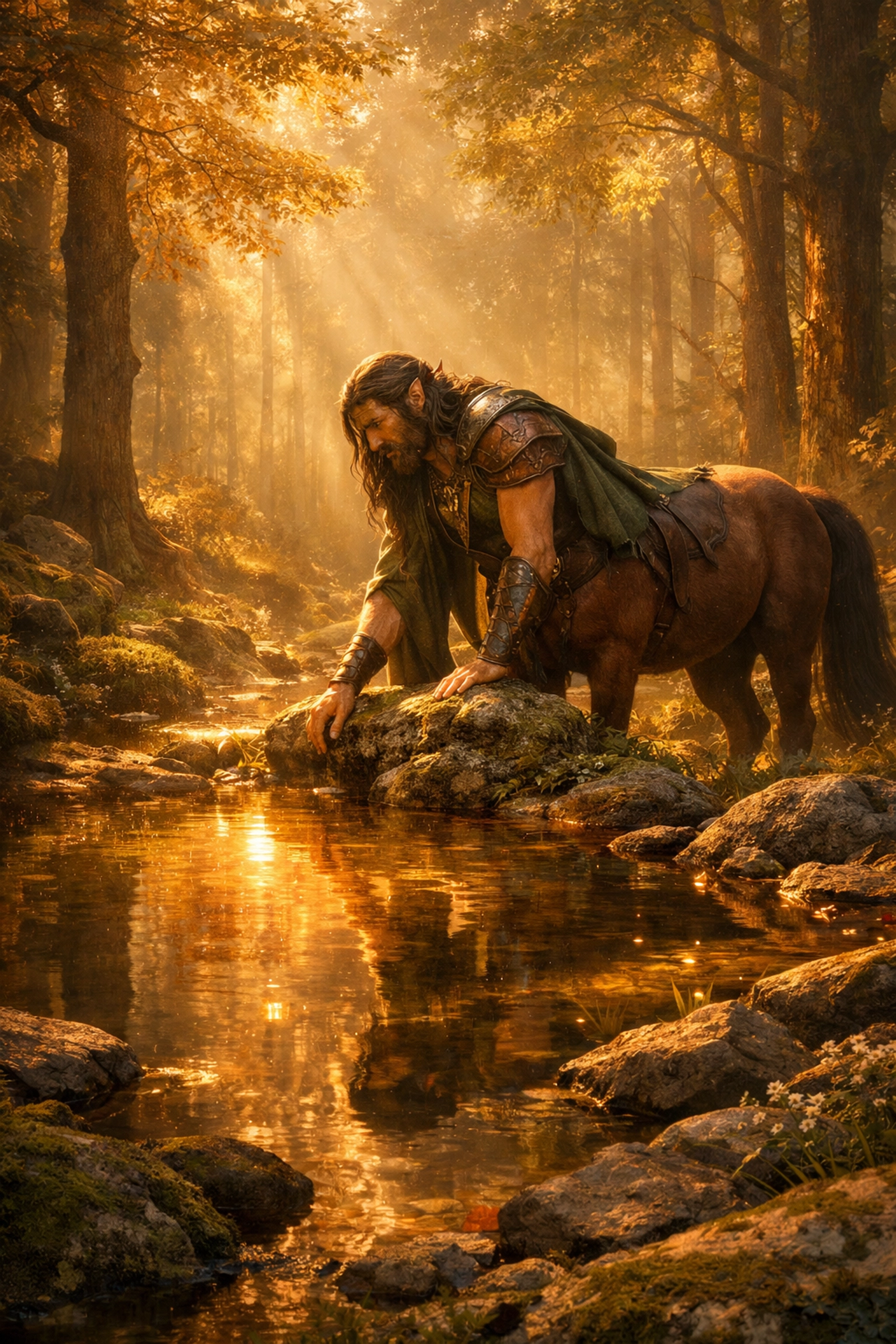 Artistic depiction of the centaur Chiron in a peaceful forest, representing the wounded healer archetype.