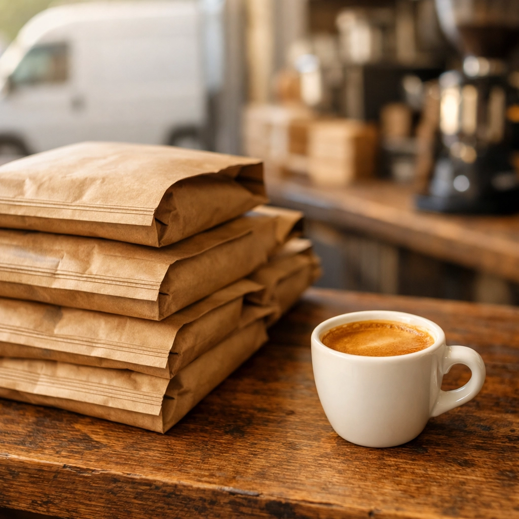 Craft paper bags of wholesale coffee beans stacked next to a fresh cup of espresso.