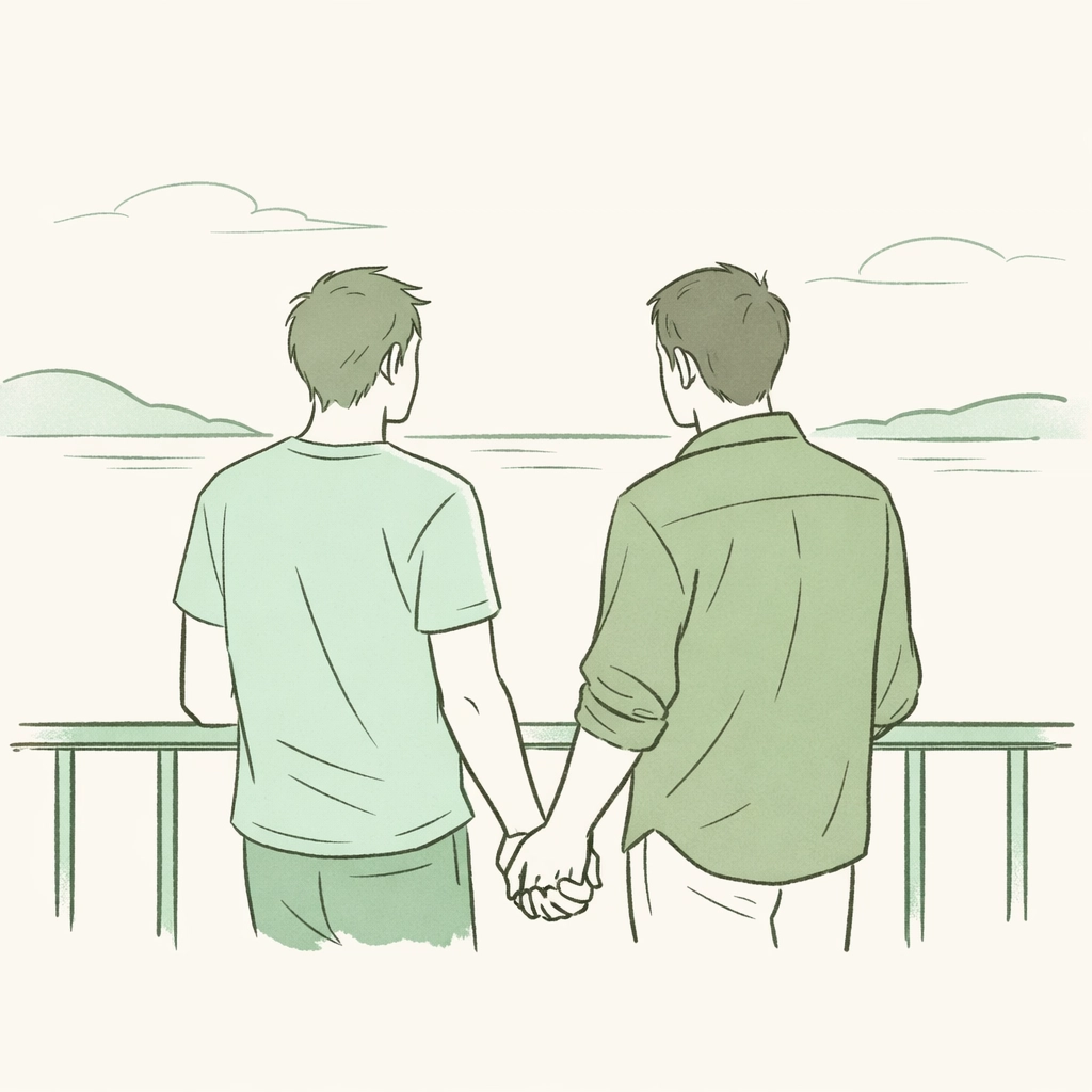A male couple holding hands on a balcony, symbolizing genuine queer connection and romantic fiction.