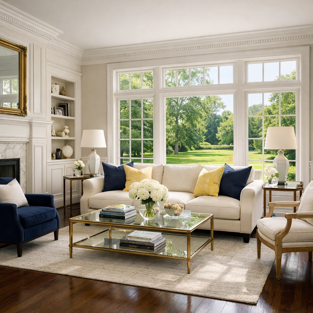 Immaculate sun-filled living room in a Wellesley estate showing the results of expert deep cleaning services.