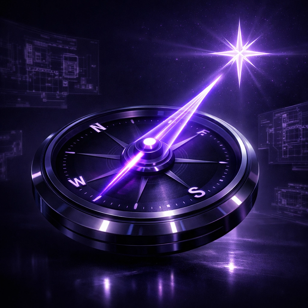A glowing purple compass pointing to a strategic star, representing PMO alignment with business goals.
