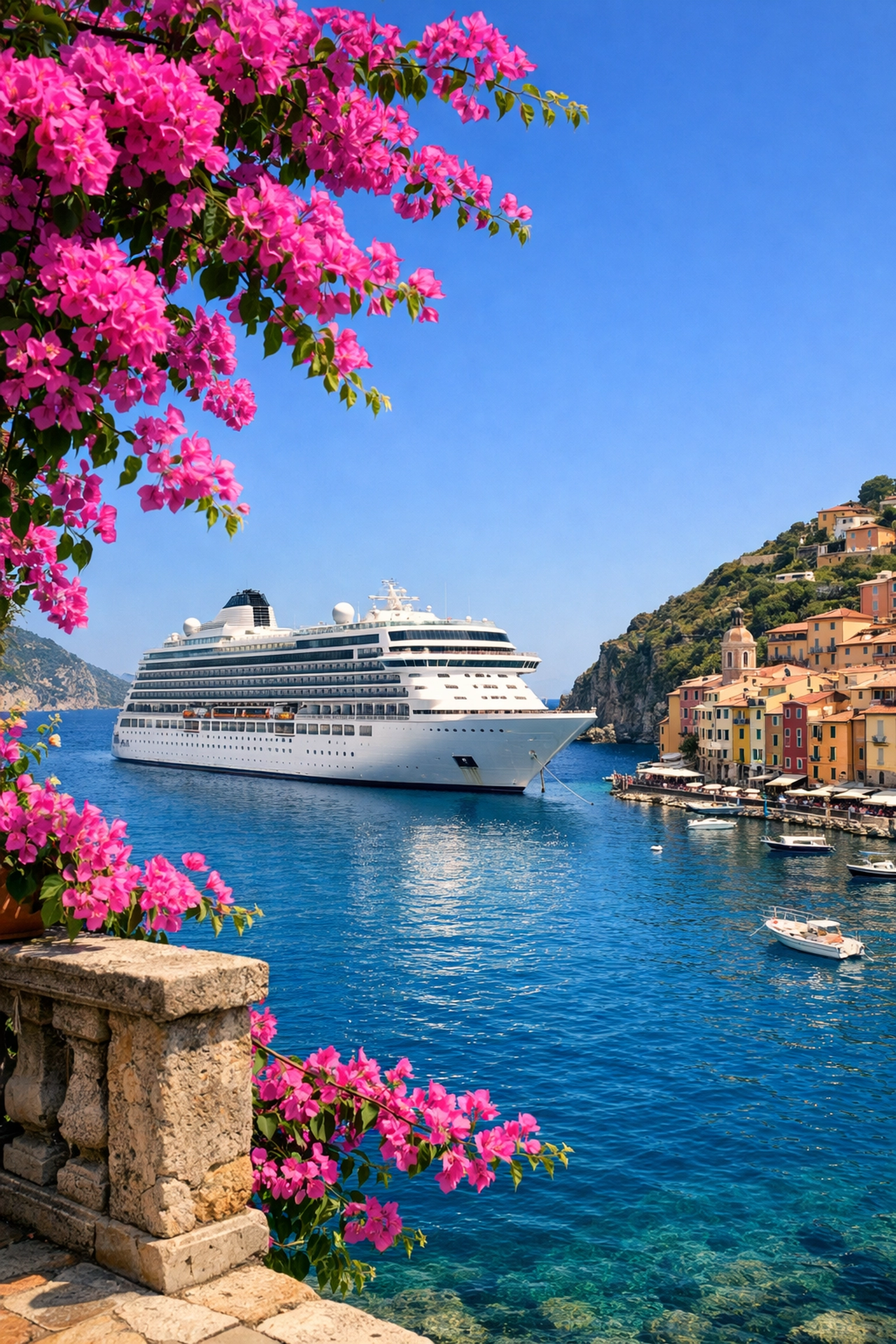 A white cruise ship anchored in a scenic Mediterranean bay near a colorful Italian coastal village.