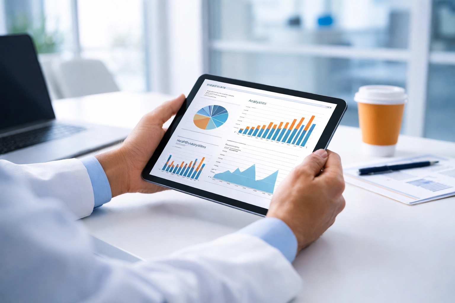 Healthcare administrator reviewing transparent staffing agency pricing on a tablet in a bright medical office