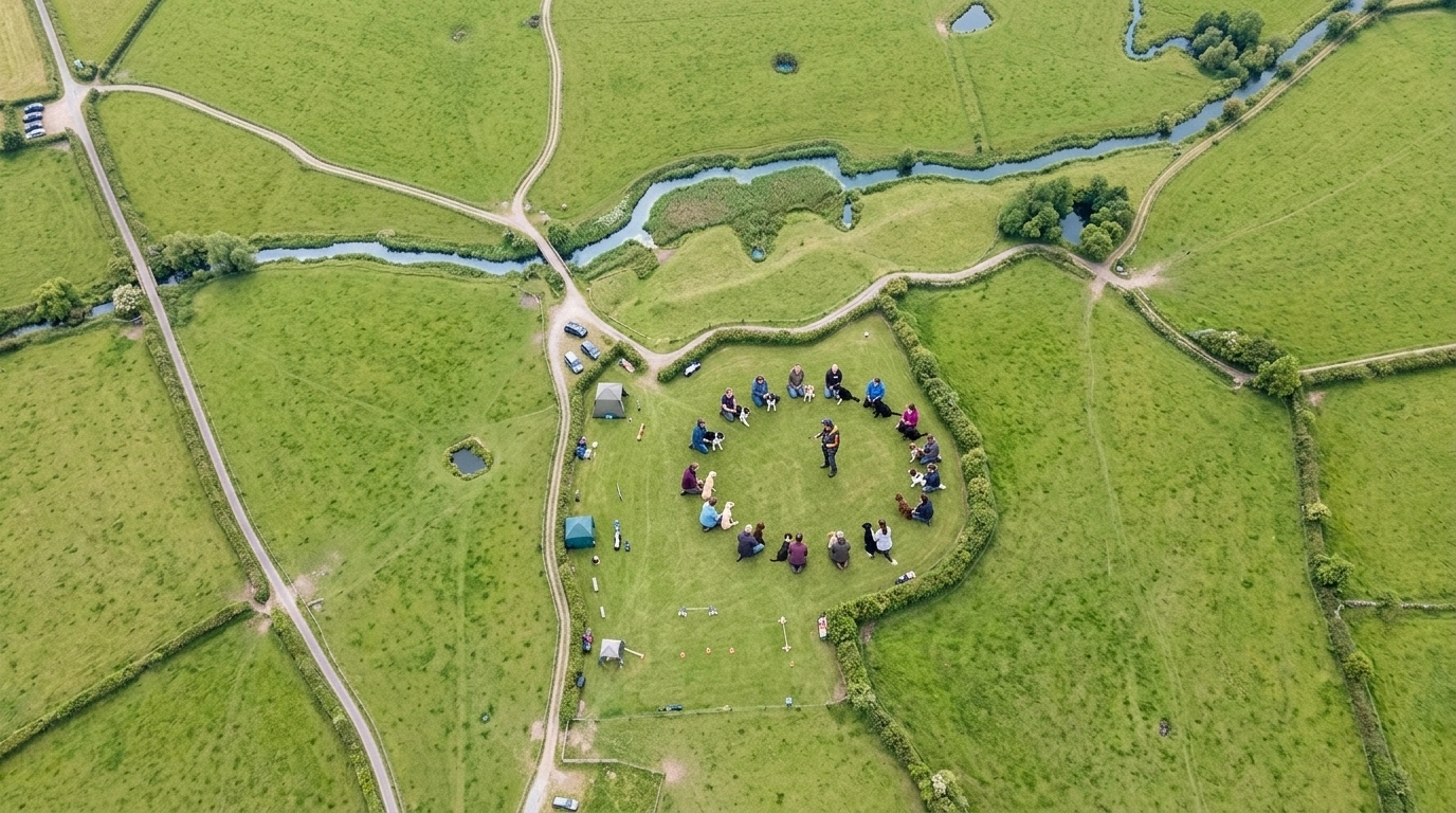 A group dog training class in a scenic outdoor park with owners and dogs focusing on a trainer.