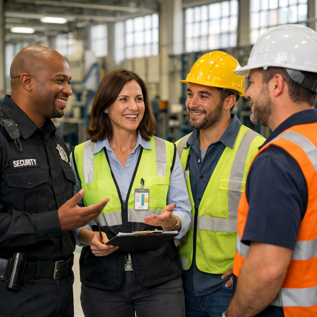 Site workers and security staff participating in an industrial safety briefing to reduce risk.